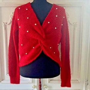 Cozy Red Twist Front Cropped Sweater Pearl Accents M